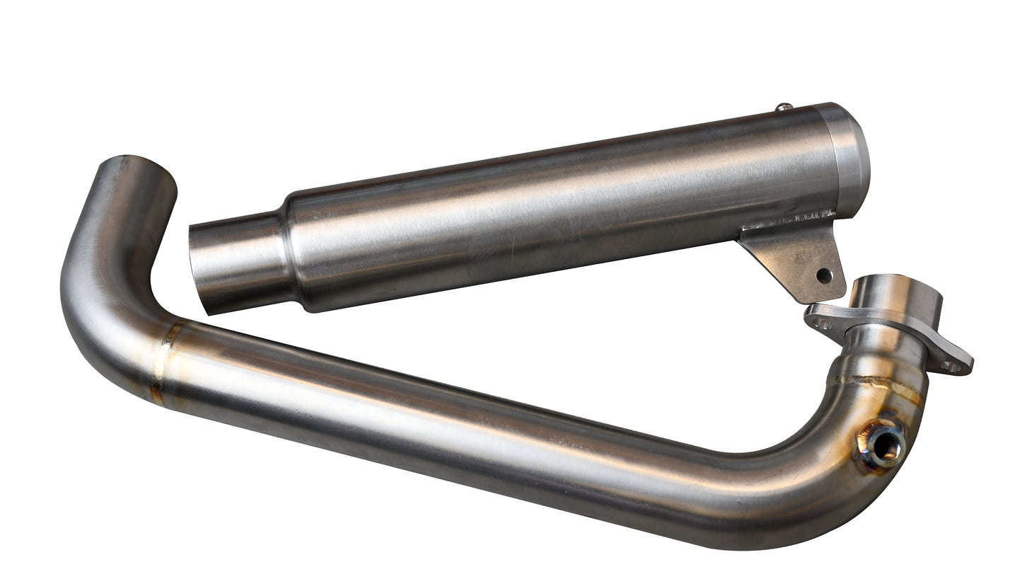 A short lightweight aggresive sounding exhast sytem. Designed and made in the UK from high quality stanless steel.